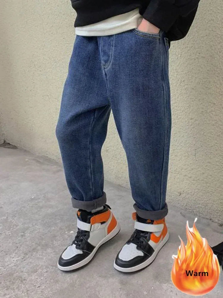 Winter Velvet Lined Boys Jeans Pants Elastic High Waist Warm Kids Vaqueros Pantalones Vintage Thick Plush Children Denim Calca