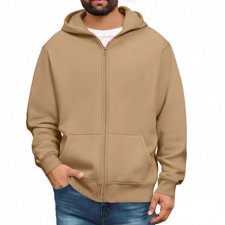 Men zip up hoodie plain color casual streetwear pullover jacket soft cozy fashionable urban youth winter hooded sweatshirt
