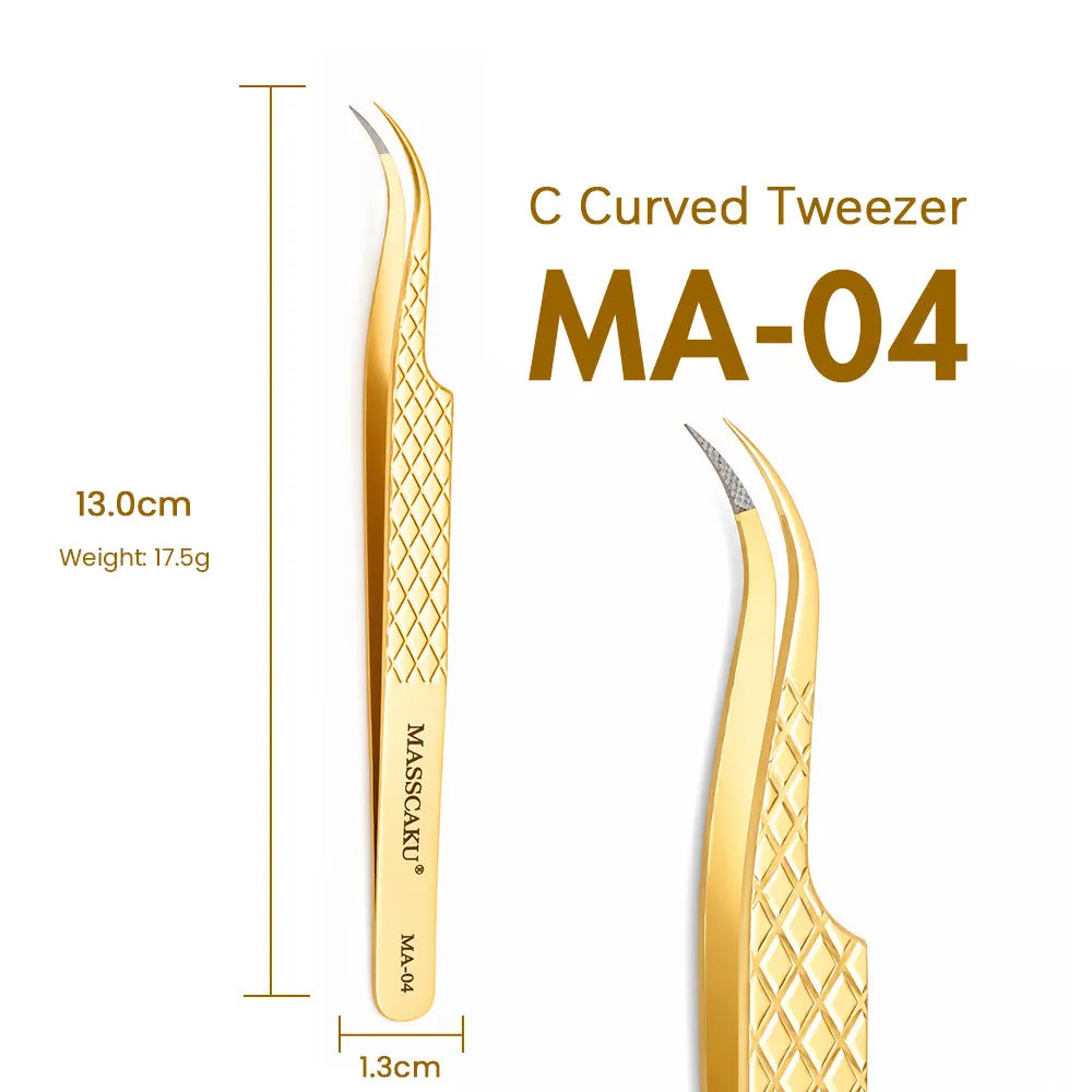 MASSCAKU Eyelash Extension Tweezers Fiber Tip Gold Stainless Steel Lash Pickup Tool for Volume Fans Classic Lash Isolation