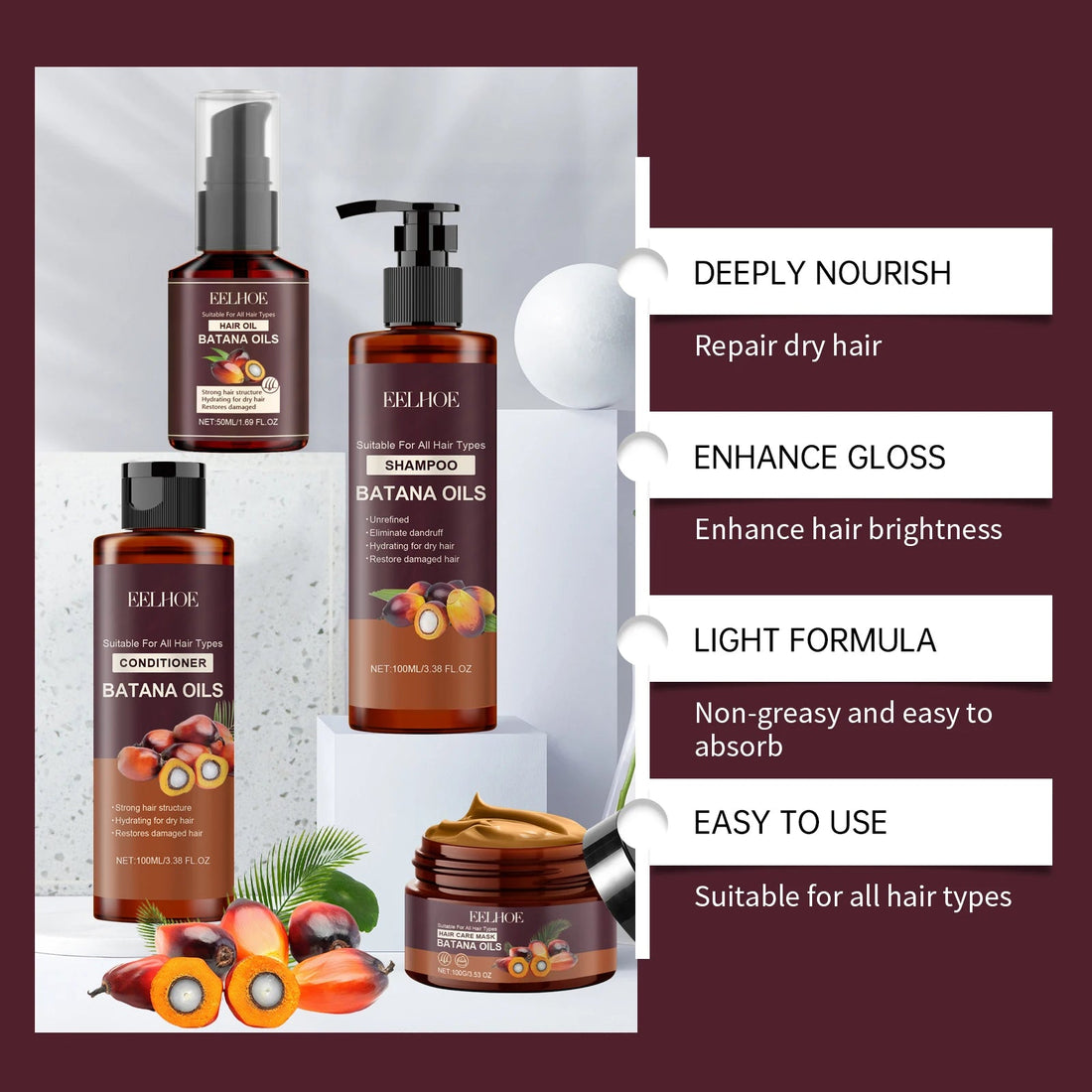 Eelhoe Batana Oil Hair Care Series Oil Control Moisturizing Smoothing Deep Cleaning Pure Plant Treatment Hair Growth Shampoo Set Halalzen