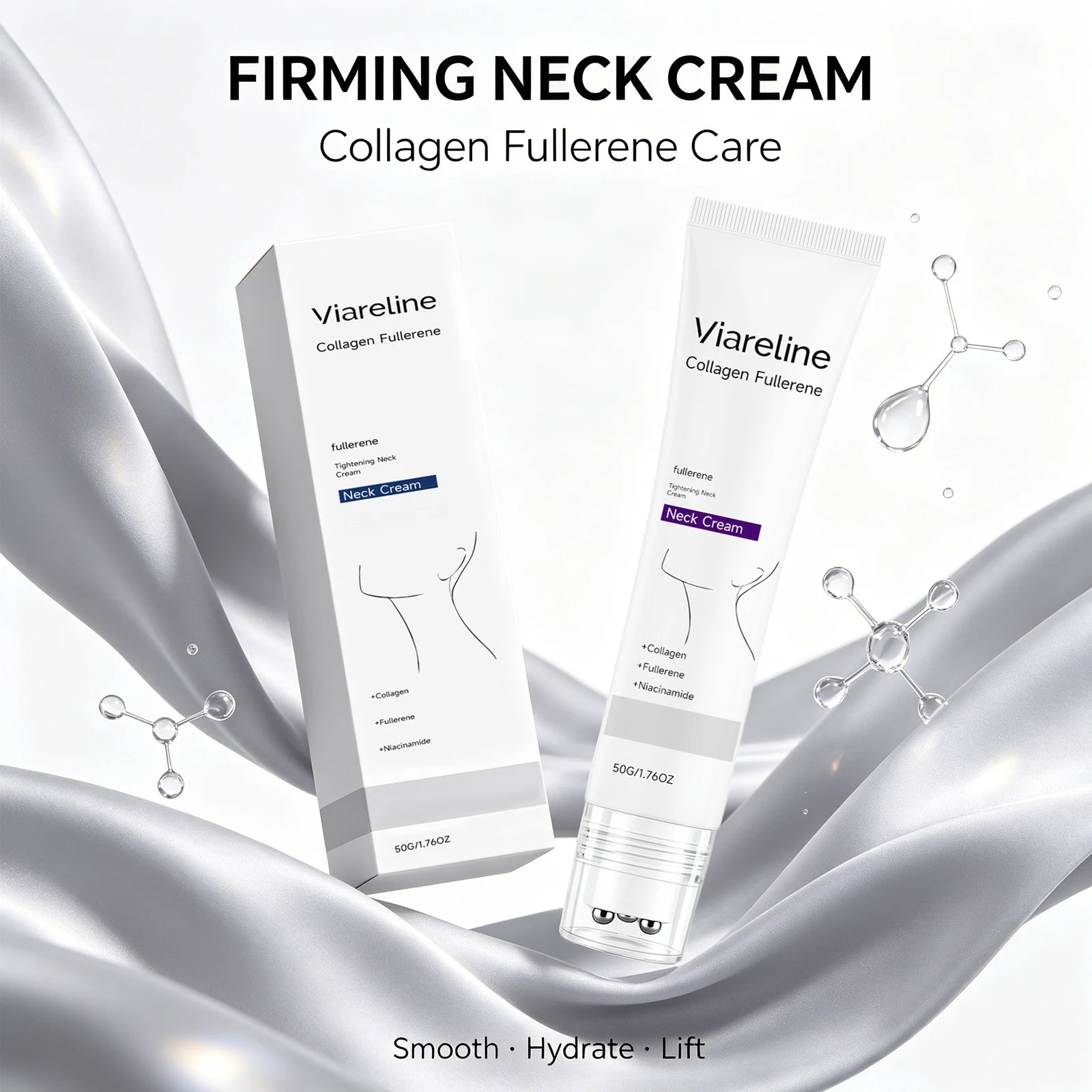 Collagen Fullerene Neck Cream Niacinamide Brightening Jawline Tighten Lift Firming Anti-Wrinkle Neck Care Moisturizing Cream with Rollers