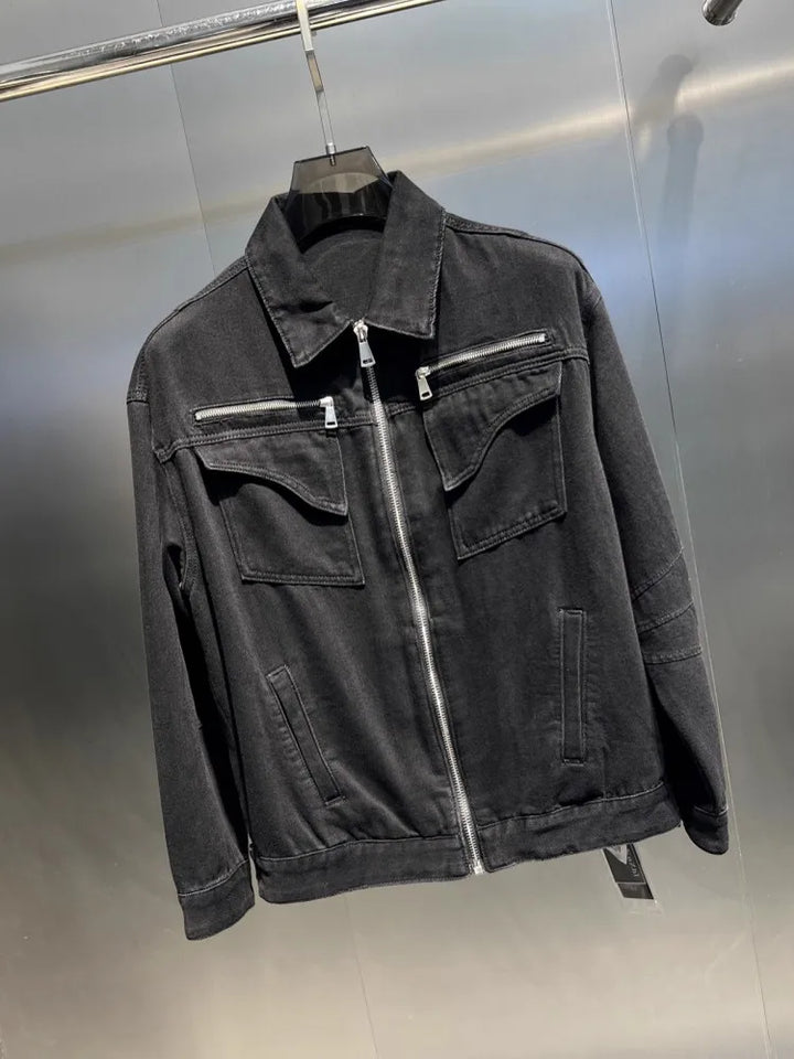 Autumn Mens New Fashion Zipper Multi Pockets Denim Jacket Streetwear Casual Outerwear Coat Vintage Motocycle Biker Cowboy Jacket