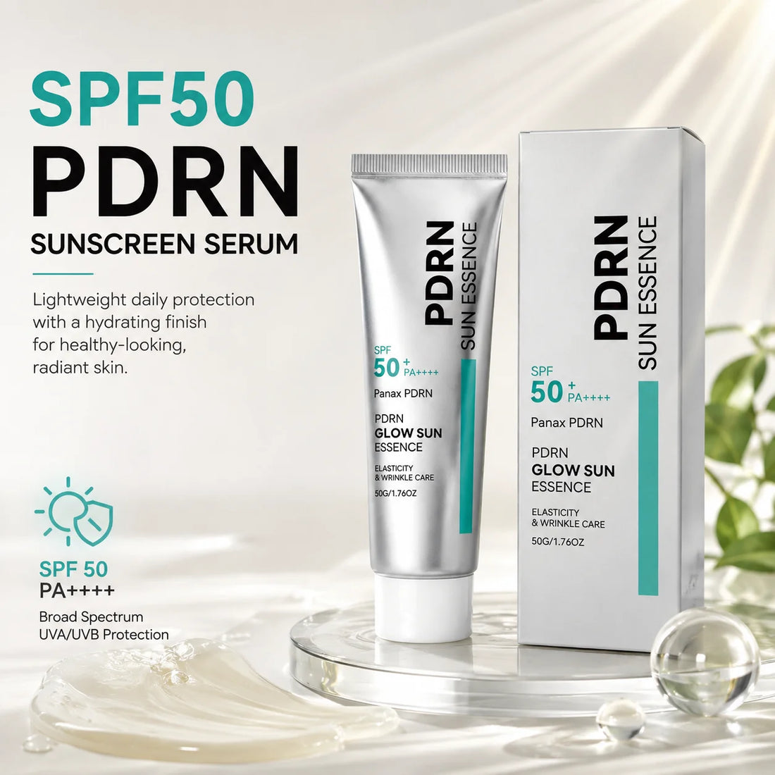 SPF 50 PDRN Facial Sunscreen Essence Broad Spectrum UV Defense Waterproof Moisturizing Refreshing Non Sticky Daily Face Sun Care