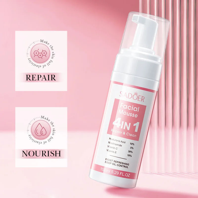 SADOER 4 in 1 Facial Mousse Face Wash Foam Facial Cleanser Moisturizing Whitenting Hydrating Face Cleansing Skin Care Halalzen