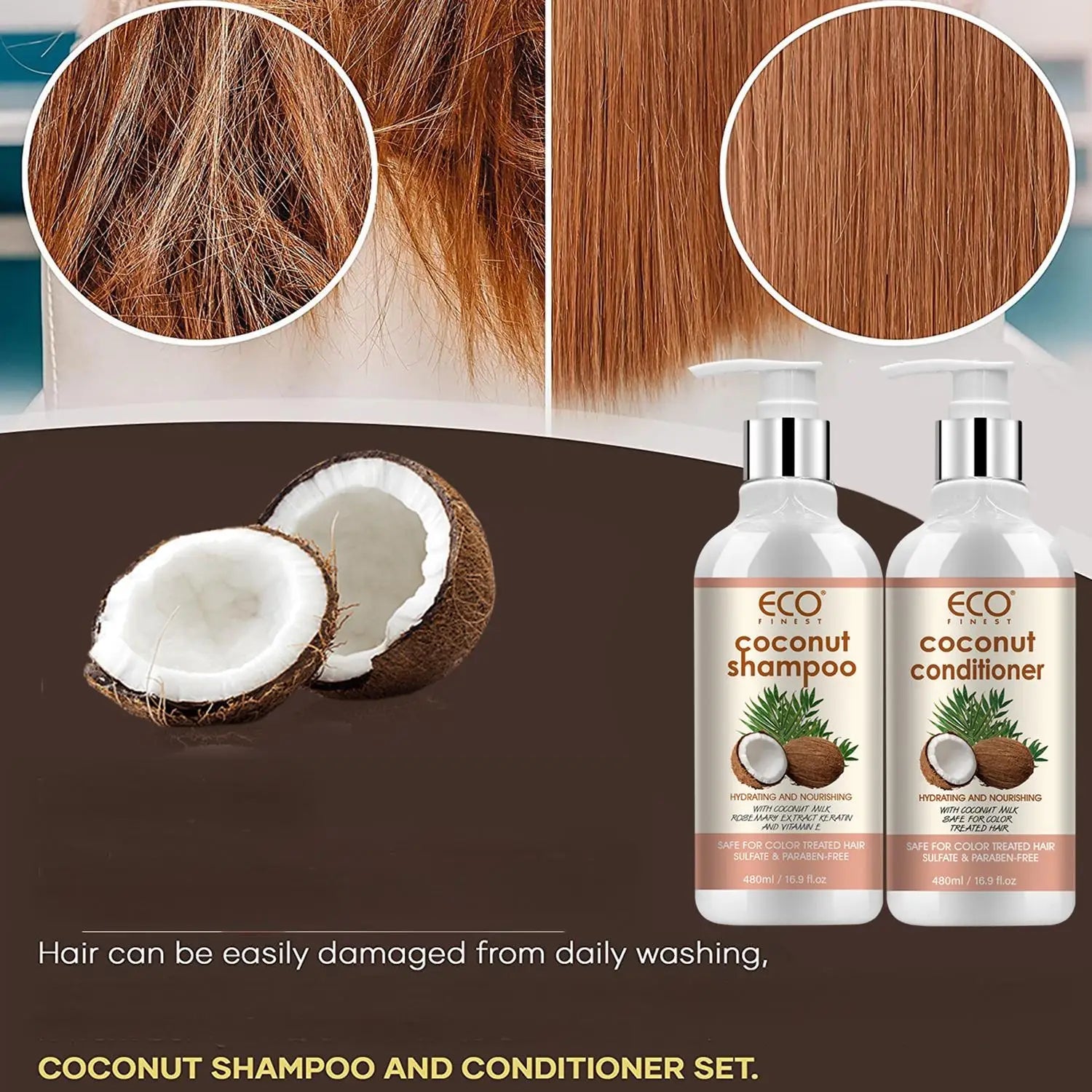 72H Shine Extra Volume Coconut Shampoo & Conditioner Set for Thin Hair 500ml Silicone-Free Formula to Enhance Hair Fullness Halalzen