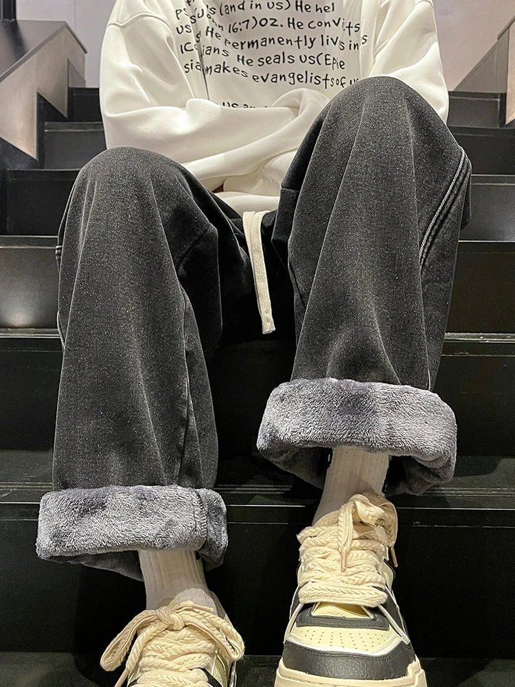Winter Men's Jeans Korean Fashion Fleece Liner Thick Warm Straight Denim Pants Washed Cotton Retro Blue Wide Leg Jean Trousers HALALZEN