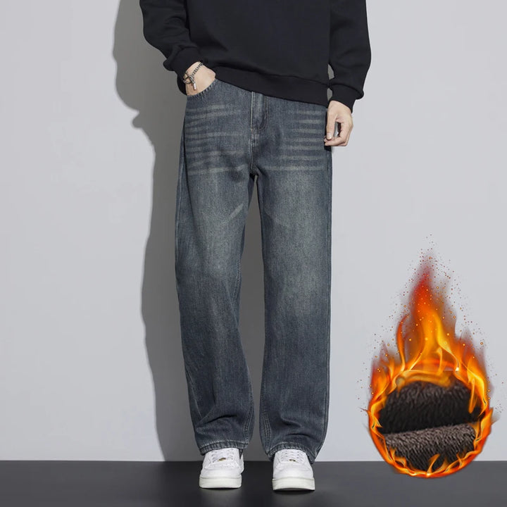 Herren Winter Jeans mit dickem Fleecefutter, modische, lockere, gerade geschnittene Jeans mit weitem Bein, warme, lässige Baggy-Hose für Herren, Streetwear