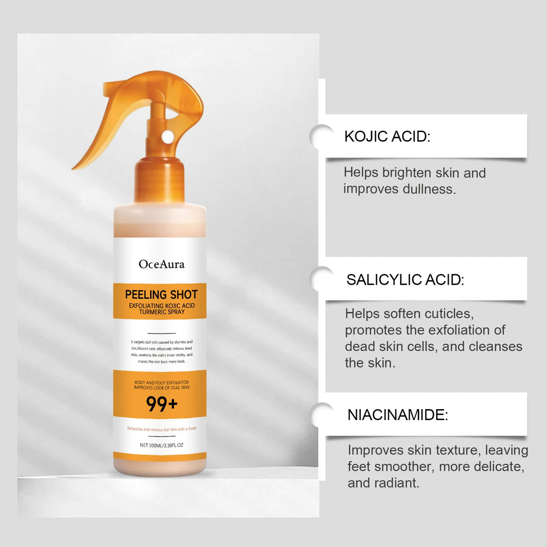 Exfoliating Kojic Acid Turmeric Spray Gently Peeling Solution Hydrating Skin Brightening Mist for Smooth Skin Back & Foot Care