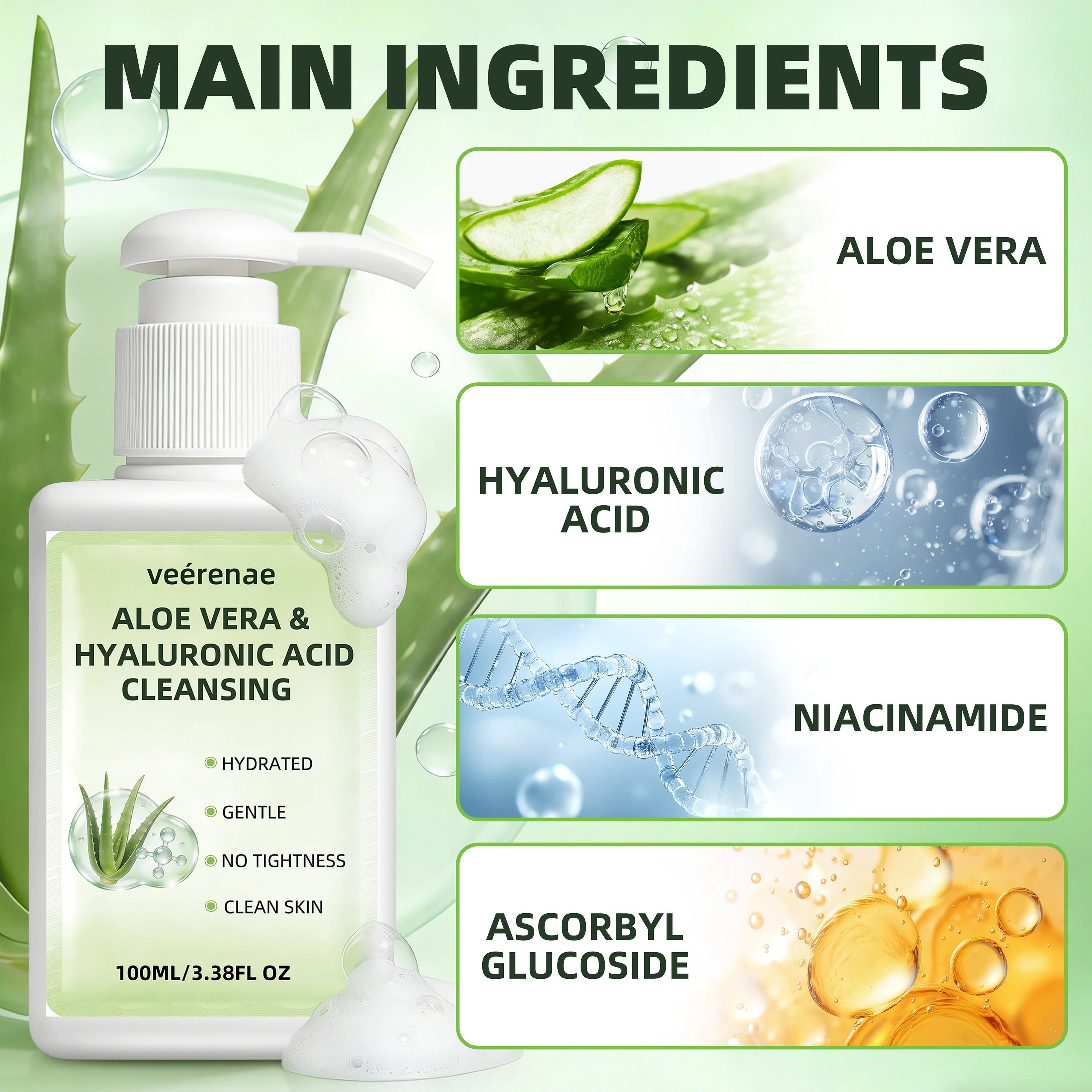 ALOE VERA HYALURONIC ACID CLEANSING | Gentle Deep Pore Moisturizing Face Wash | All Skin Types | Daily Morning & Night Use Halalzen