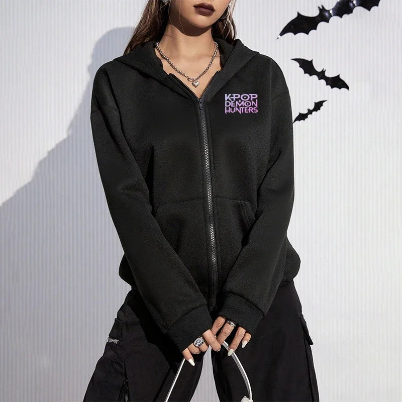K-pop Anime Pattern Hoodies Women's Zip-up Jacket Autumn Winter Daily Casual Fashion Hooded Coat Demon Hunter Printed Sweatshirt