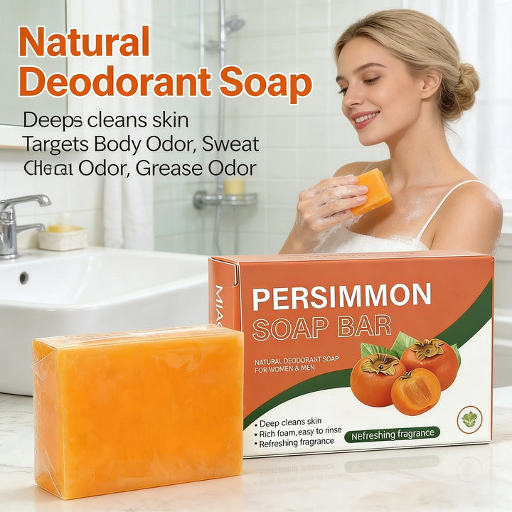 100g Persimmon Soap Bar Natural Deodorant Soaps Handmade Persimmon Green Tea Soap for Face and Body Wash Deep Cleansing Remove Body Sweat Odor Grease Odor Refreshing Fragrance