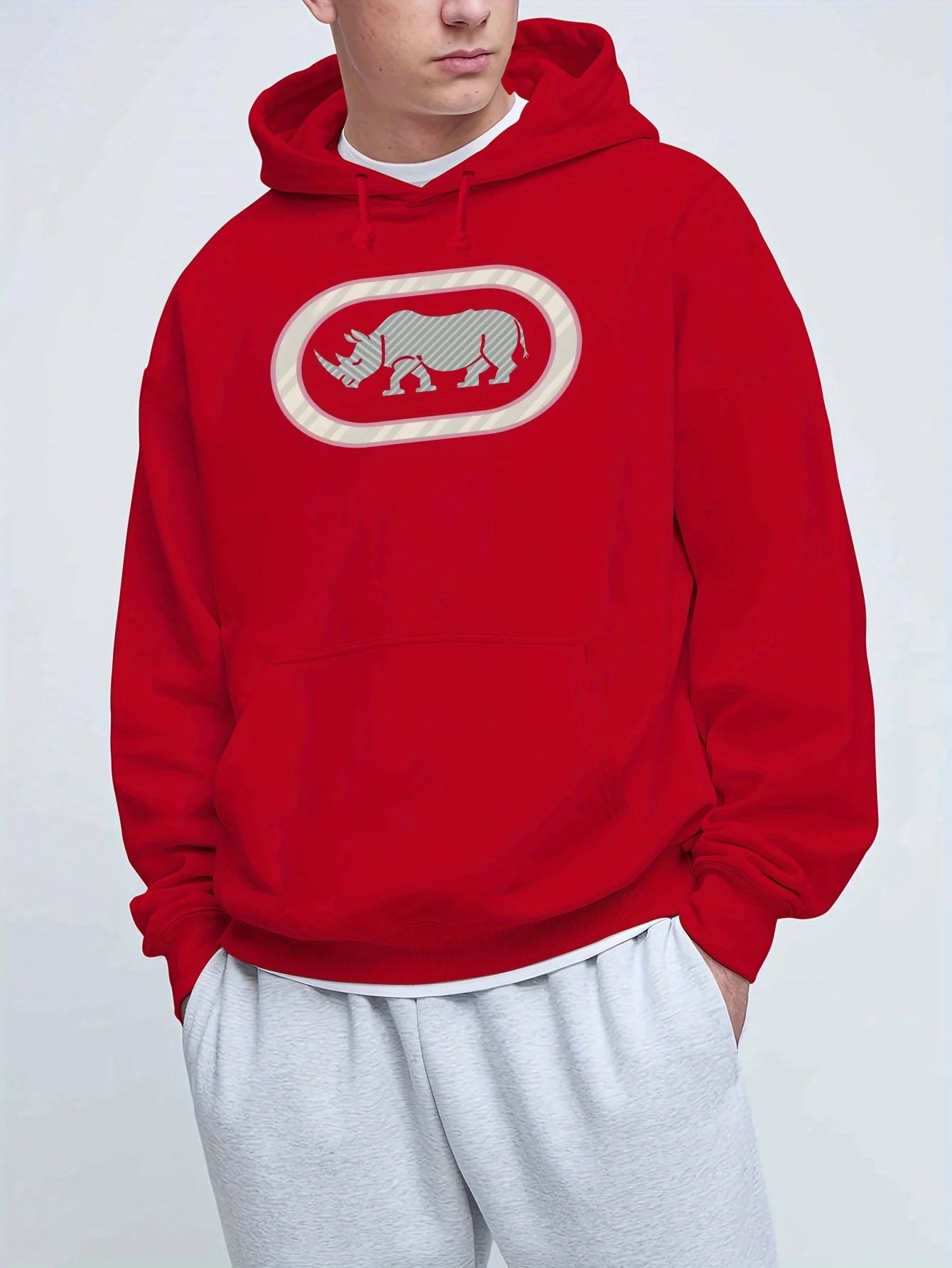 Men'S Casual Rhino Print Hoodie, Winter Long Sleeve Sweatshirt, Regular Fit with Slight Stretch, Trendy American Style Top