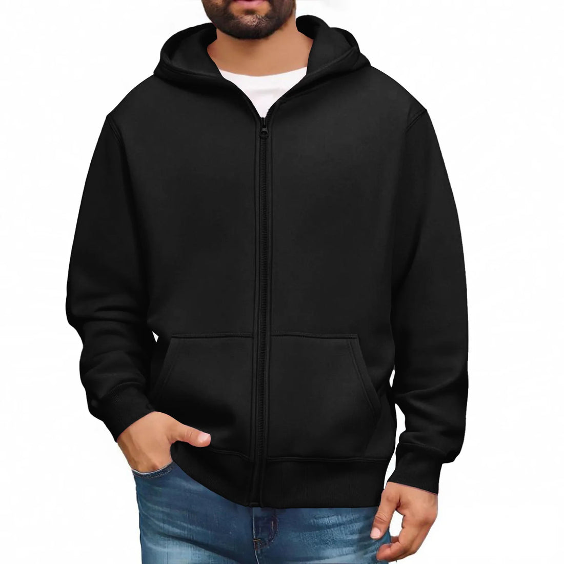 Men zip up hoodie plain color casual streetwear pullover jacket soft cozy fashionable urban youth winter hooded sweatshirt
