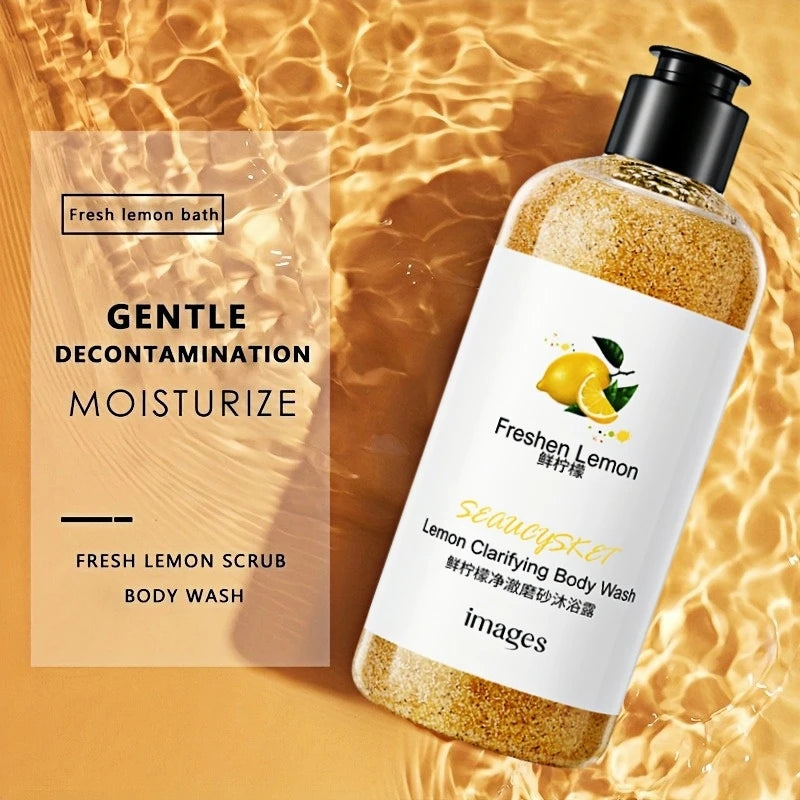 300ml Lemon Scrub Shower Gel, Alcohol-Free, Non-Greasy, Formaldehyde-Free, Rich in Citric Acid, Vitamin E, and Hyaluronic Acid, Suitable for All Light Beige Skin Types, with a Fresh Scent, Featuring Moisturizing, Nourishing, Halalzen