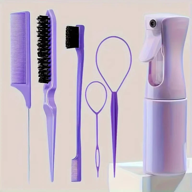 6pcs/Set Professional Hairdressing Hair Brush Set with Spray Bottle Rat Tail Comb Teasing Brush Edge Control for Styling