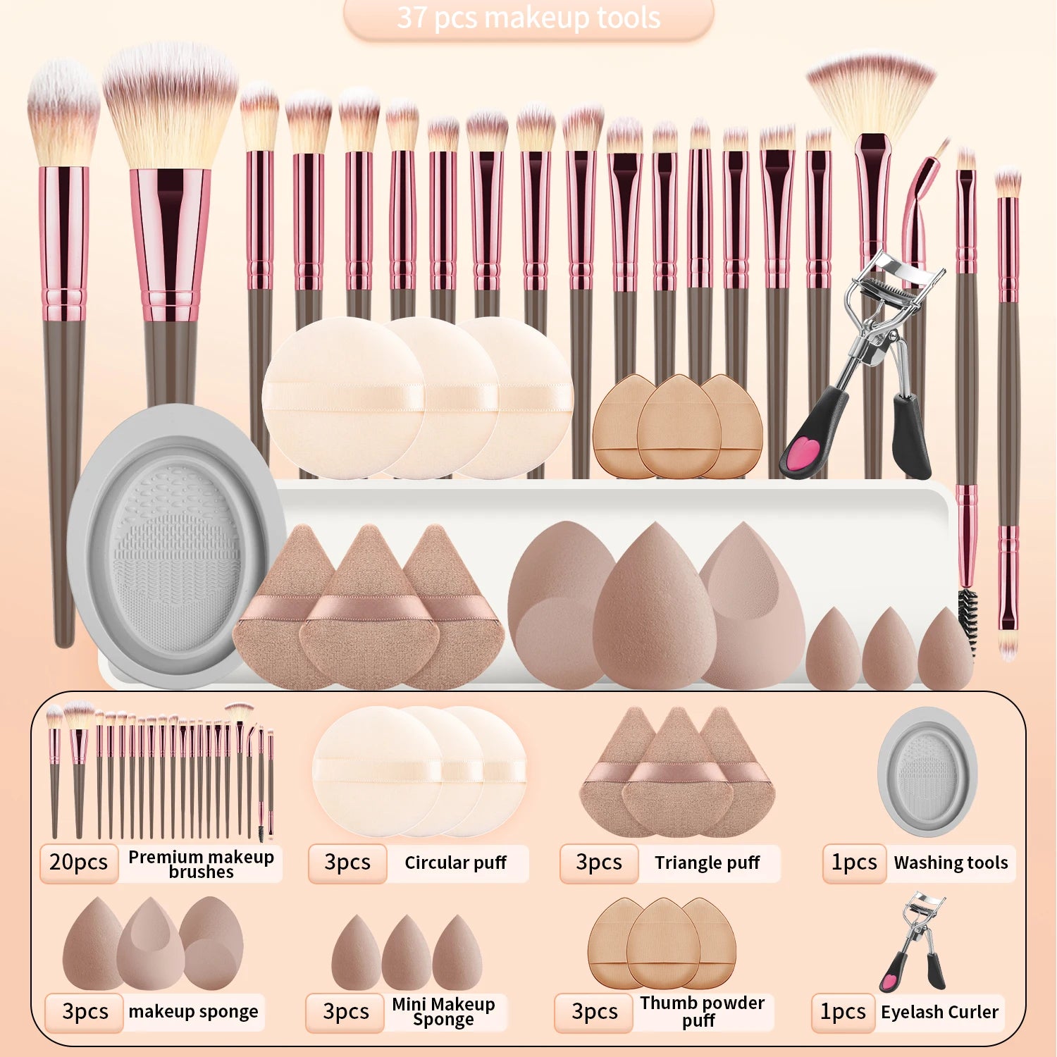 37PCS Makeup Tools Set, 20 Brushes + Sponges Puffs, Eyelash Curler, Cleaning Tool for Full Face