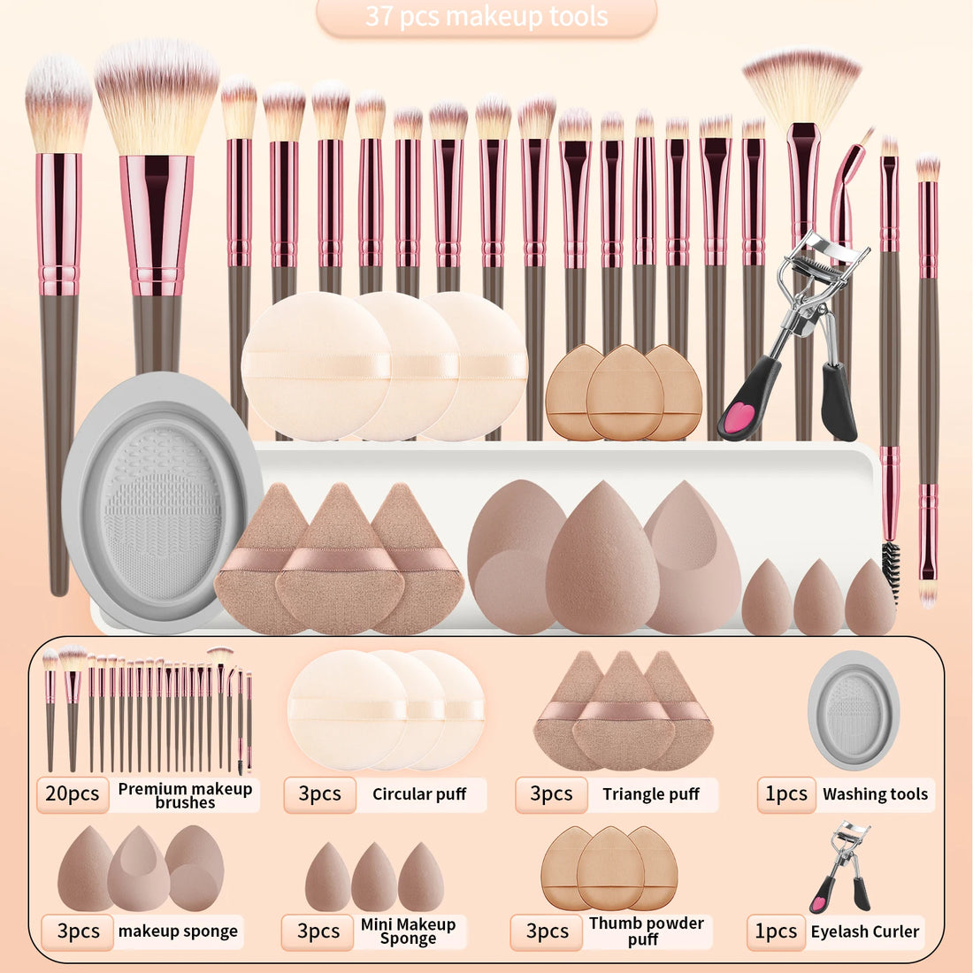 37PCS Makeup Tools Set, 20 Brushes + Sponges Puffs, Eyelash Curler, Cleaning Tool for Full Face