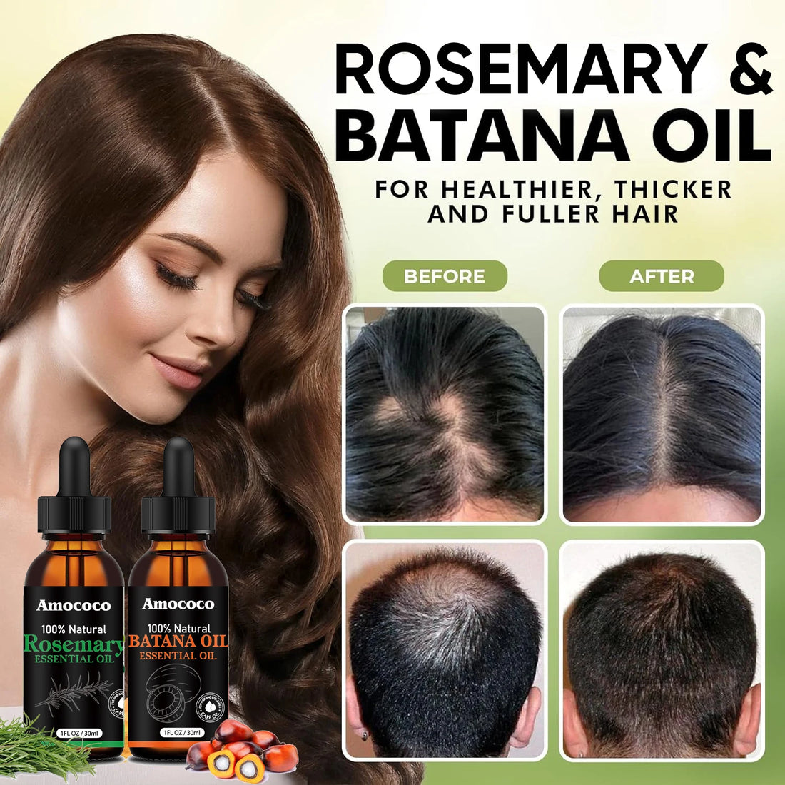 Amococo 2 pack Rosemary Oil Batana Oil 30ml each Hair Oil Duo Scalp Care Oil Nourishing Hair Serum for Dry Frizzy Hair Smooth Shiny Hair Care