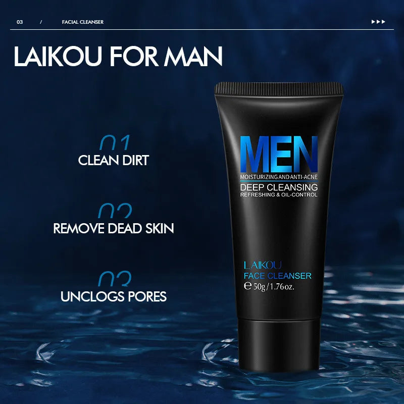 LAIKOU Men Facial Cleanser Moisturizing Oil control Exfoliating Acne Prone Skin Blackhead Remover Facial Cleanser 50g Halalzen