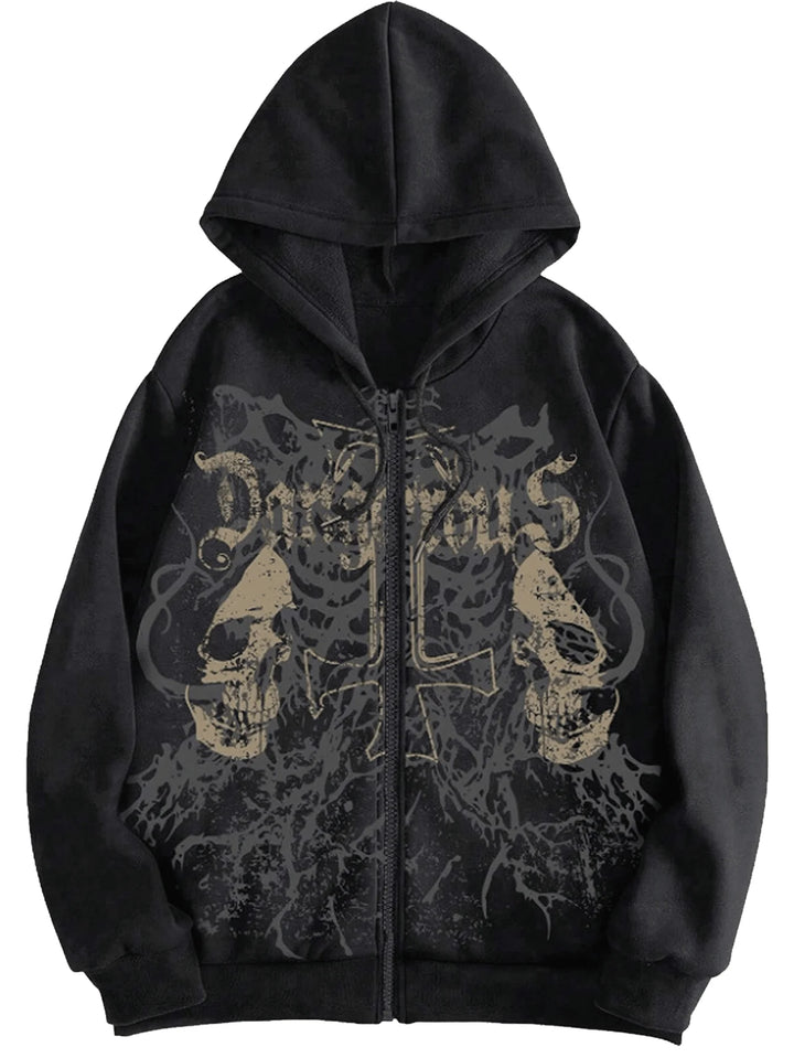 Men's Y2K Goth Skull Letter Graphic Drawstring Hoodie Long Sleeve Zip Up Sweatshirt