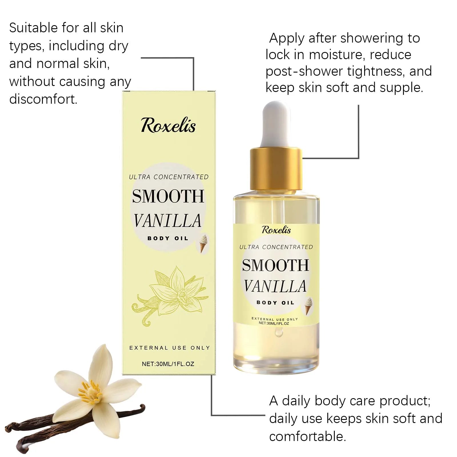 Roxelis 30ml Vanilla Creamy Fragrant Body Oil Moisturizing Whole Body Massage Essential Oil for Dry Skin Moisturizer Hydrating