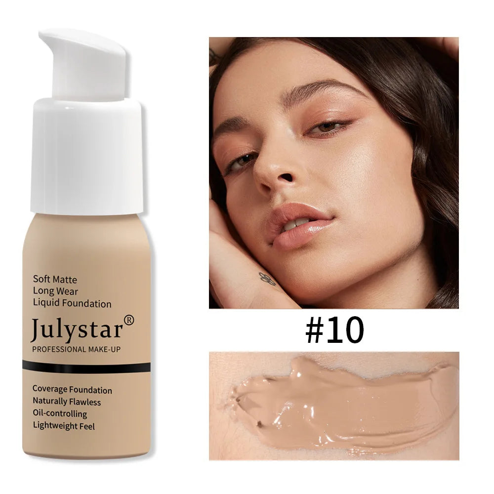 10 Colors Matte Liquid Foundation, Waterproof Long‑lasting Lightweight Oil Control Concealer Facial Base Makeup