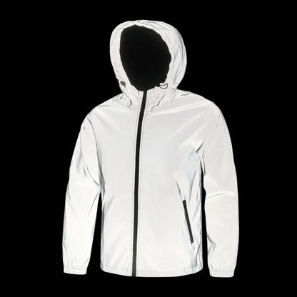 Mens Double Fabric Night Reflective Jackets Hip Hop Dancer Singer Waterproof Zipper Coats Outwear Windbreaker Hooded Jacket