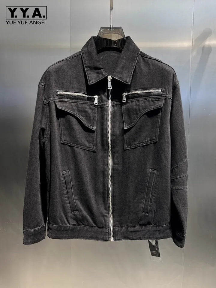 Autumn Mens New Fashion Zipper Multi Pockets Denim Jacket Streetwear Casual Outerwear Coat Vintage Motocycle Biker Cowboy Jacket