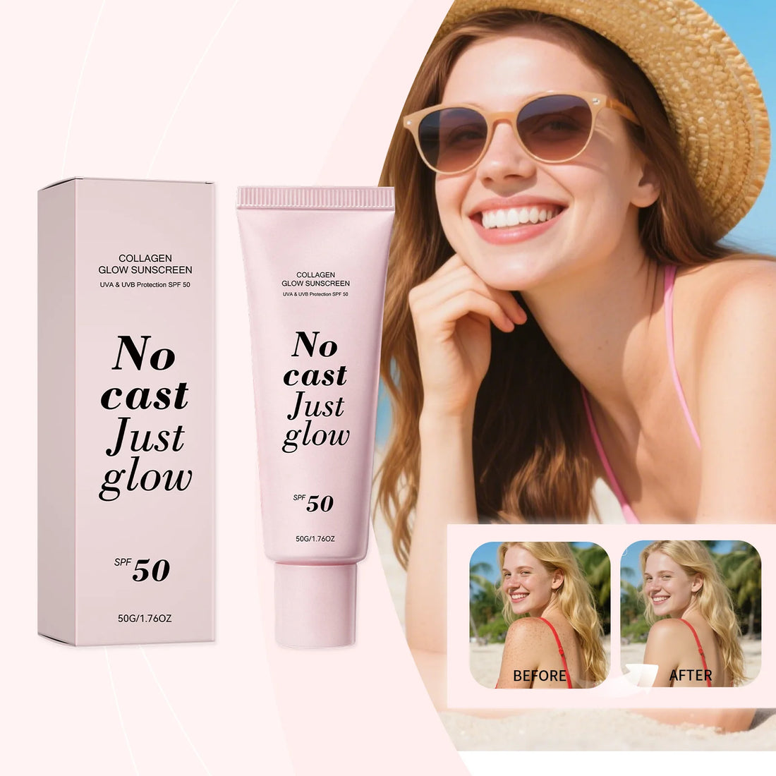 Collagen Glow Sunscreen SPF50 Broad Spectrum UVA UVB Protection No White Cast Lightweight Non Greasy Hydrating Sun Lotion For Se