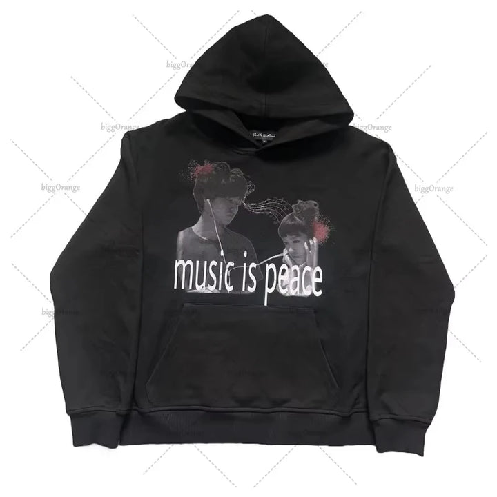 Retro Letter Casual Oversized Black Hoodie Men 2025 American Street Hip-hop Harajuku Y2K Fashion Loose Sweatshirt Women