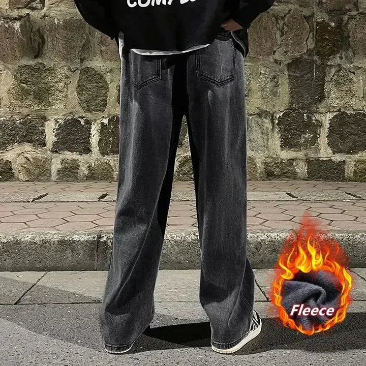 Winter Fleece Loose Jeans,  Loose Straight Velvet Warm and Comfortable Elastic Waist Wide Leg Pants Brand Men's Clothing