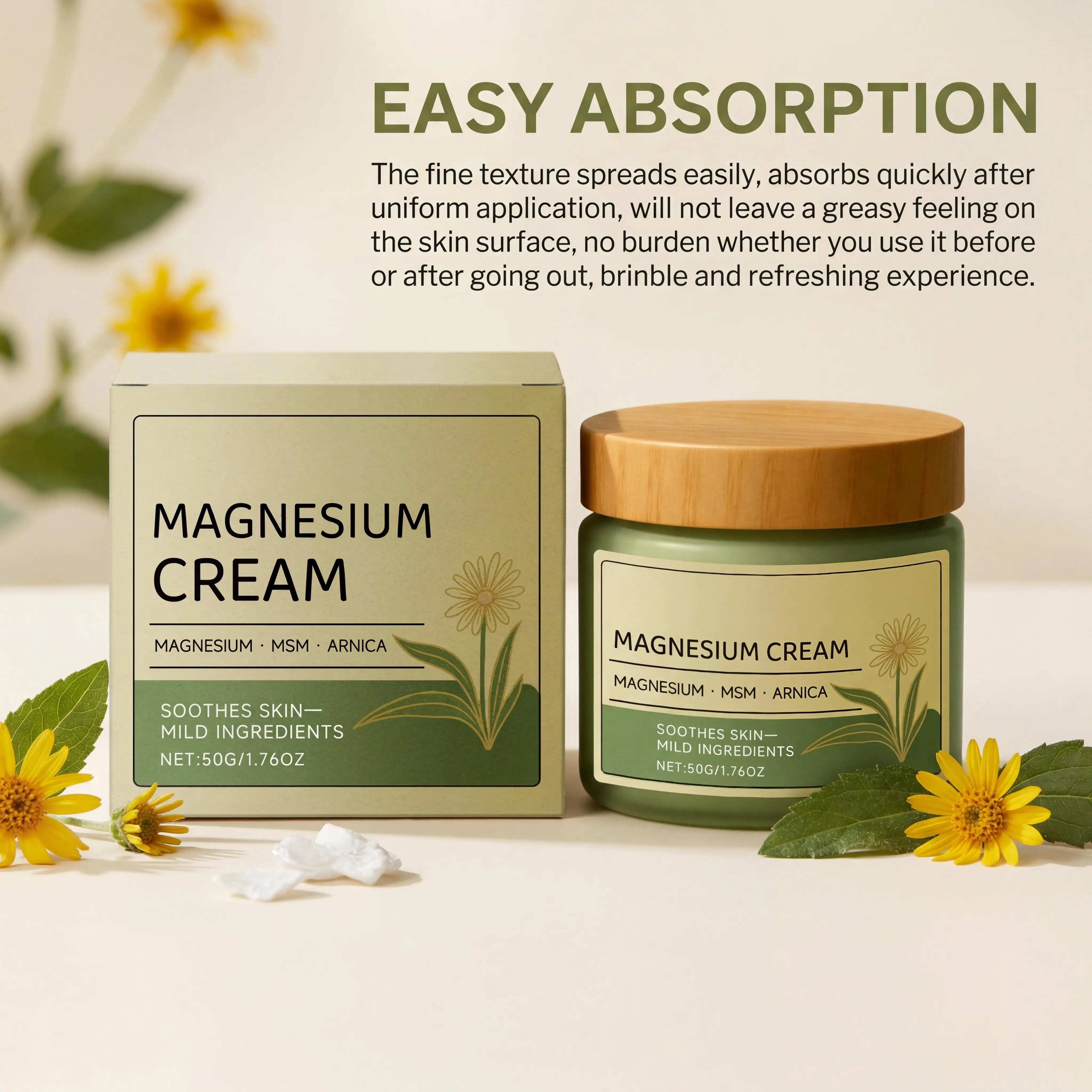 Soothing Magnesium Cream Total Relief Muscle Pains Soothe Nerves Fast-Absorb Non-Greasy Daily Body Care Cream With Msm & Arnica