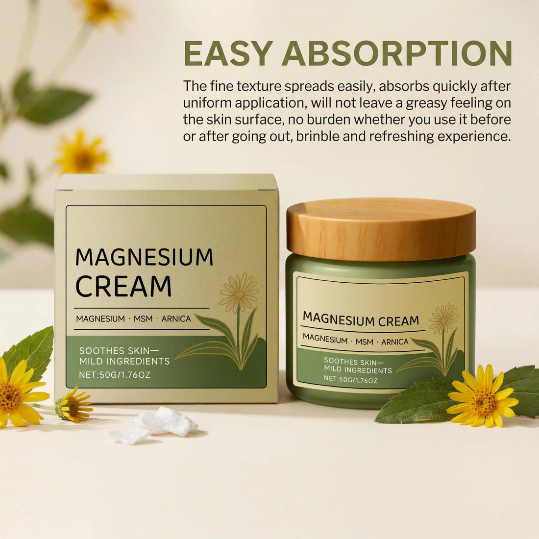 Soothing Magnesium Cream Total Relief Muscle Pains Soothe Nerves Fast-Absorb Non-Greasy Daily Body Care Cream With Msm & Arnica