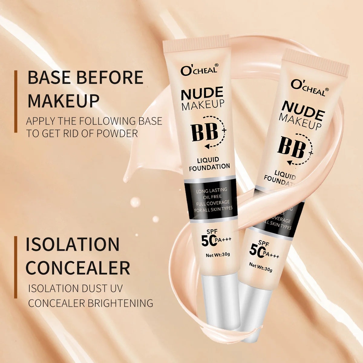 BB Cream SPF50 PA Plus Face Waterproof Foundation Long Lasting Brightening Primer Sunscreen Makeup Base Woman Makeup Cosmetics Halalzen