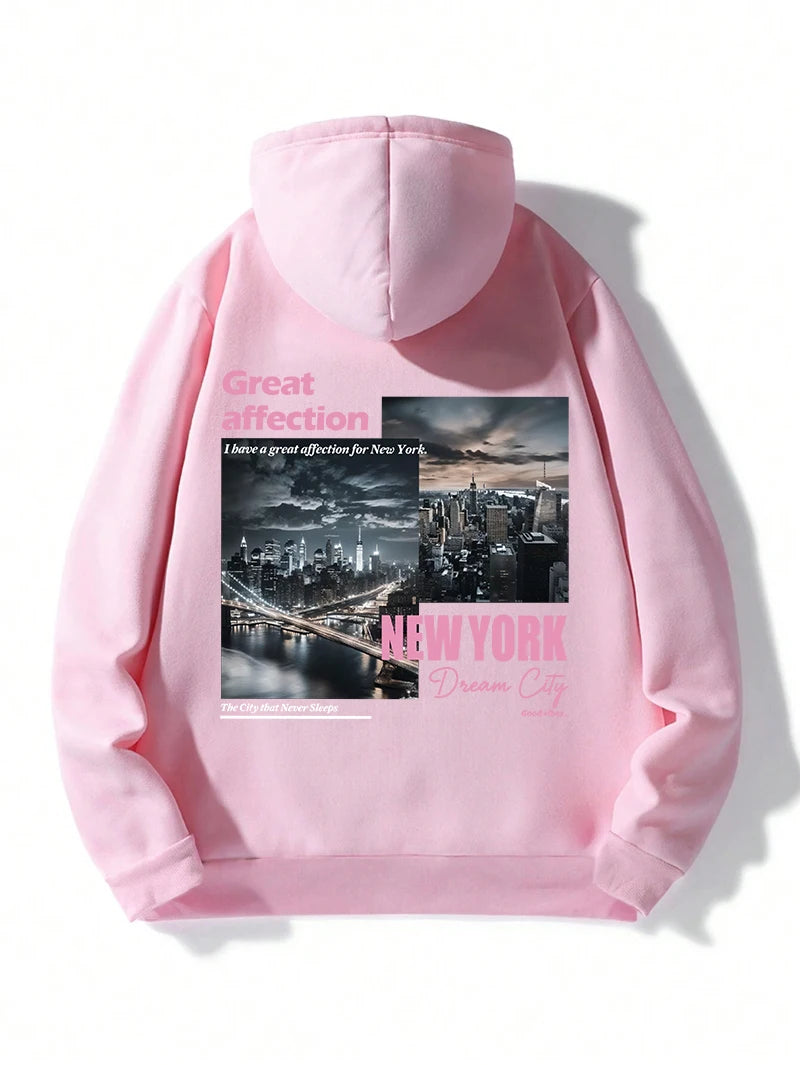 New York Dream City Printed Hoodies Casual Fashion Women Pullover Fleece Warm Pocket Sweatshirt Sporty Oversize Street Clothes