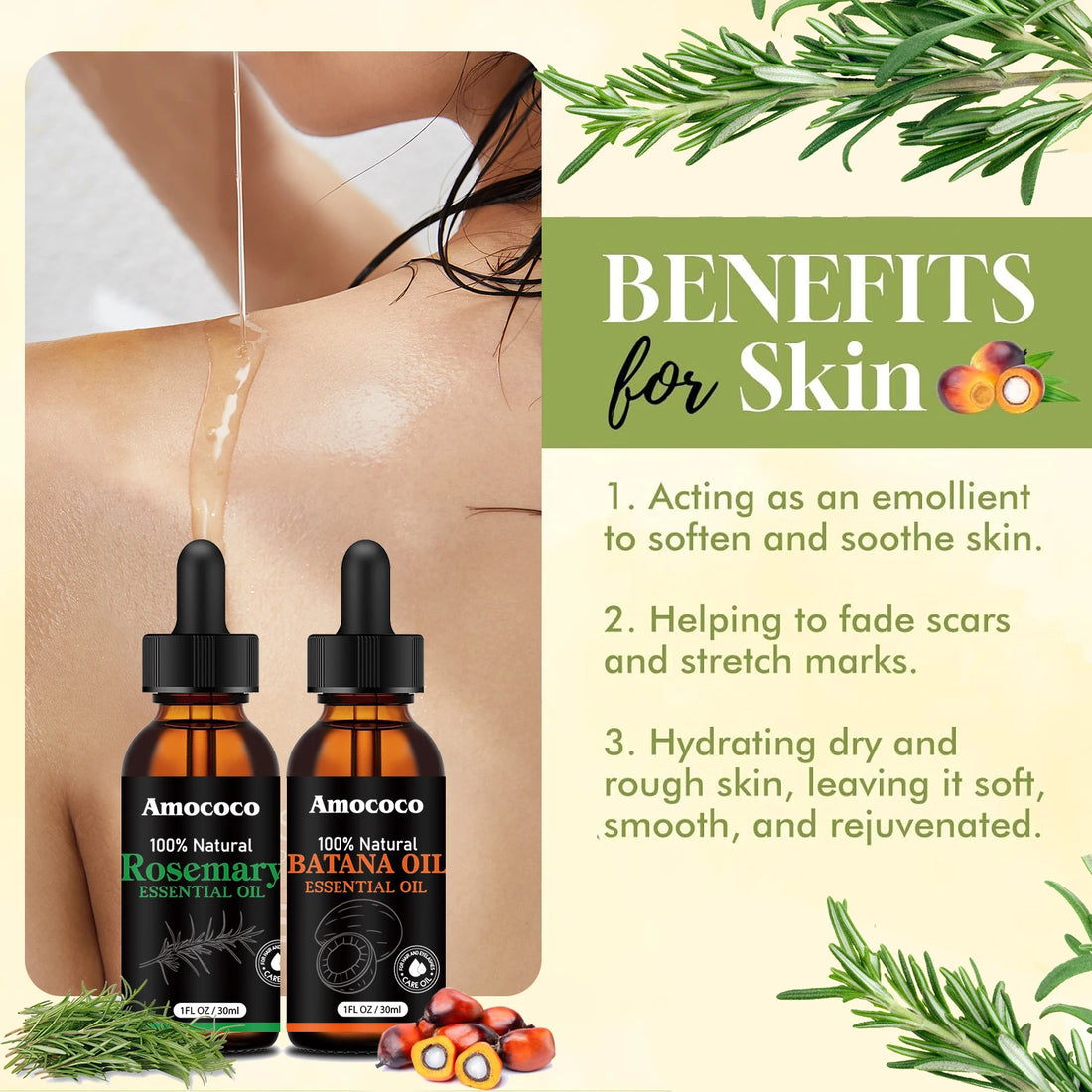 Amococo 2 pack Rosemary Oil Batana Oil 30ml each Hair Oil Duo Scalp Care Oil Nourishing Hair Serum for Dry Frizzy Hair Smooth Shiny Hair Care