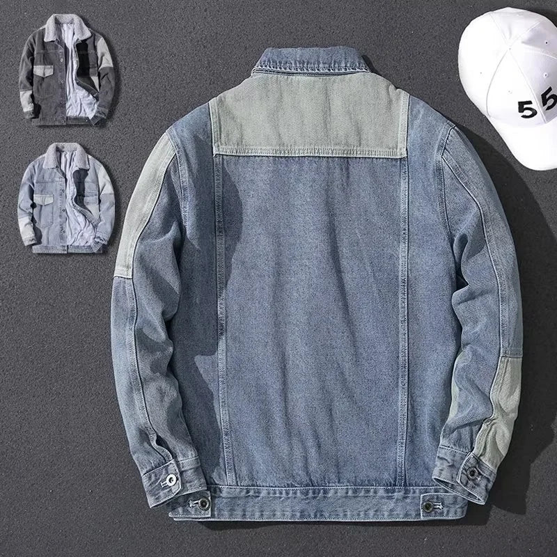 Koreansk stil denim lapning yderbeklædning herrejakke med krave afslappet minimalistisk mode trendy forårs- og efterårsjakke ny stil