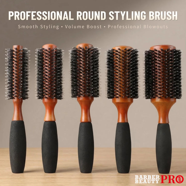 Professional 5 Sizes Boar Bristle Round Hair Brush Wooden Anti Slip Handle Salon Home Blow Dry Curling Volume Styling Brush