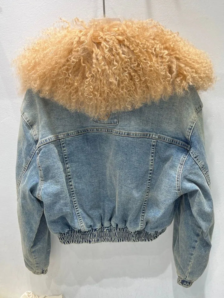 Women Vintage Denim Jacket Faux Fur Collar Autumn Winter Padded Liner Short Coat High Street Female Loose Fit Casual Outerwear