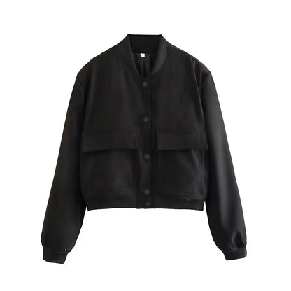 CLAZZAA Women Fashion Solid Bomber Jackets Coat With Pockets V-Neck Single Breasted Long Sleeves Female Chic Lady Outfits