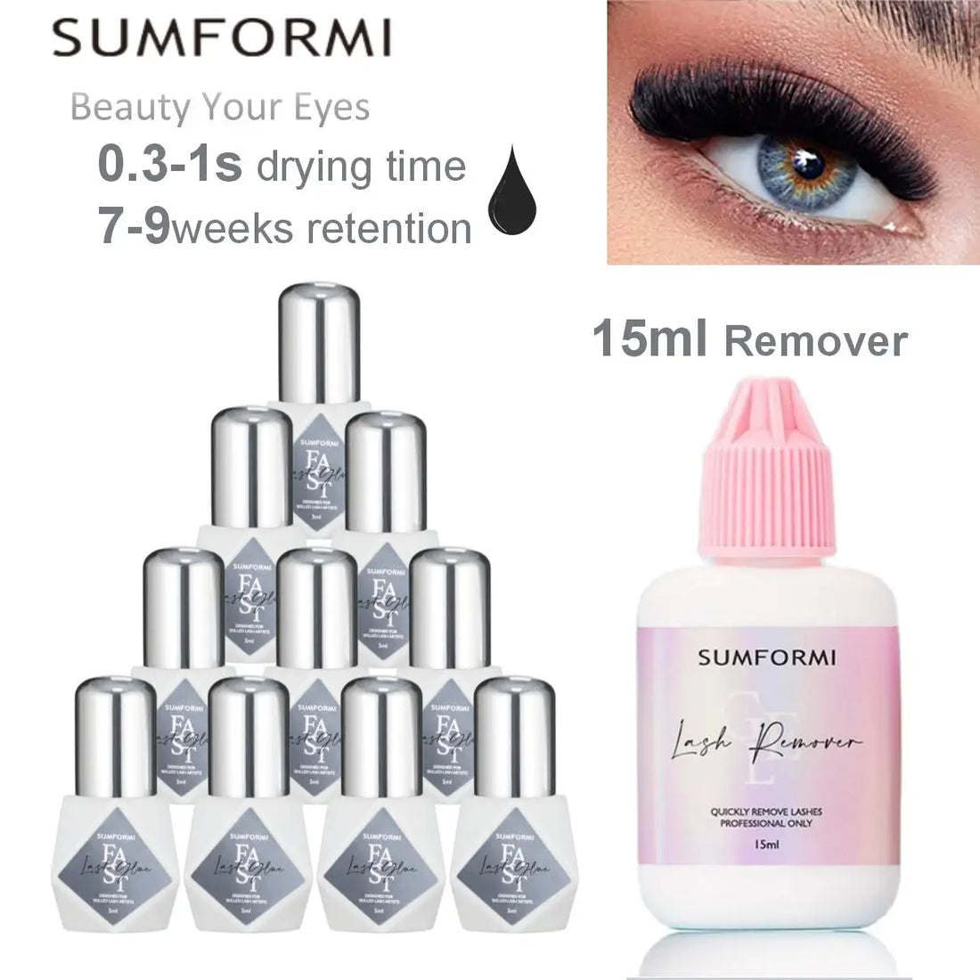 SUMFORMI 10PCS False Eyelash Extensions Glue 0.3S Fast Dry Waterproof Thin Lash Eyelashes Adhesive Bonder Wholesale Makeup Tools