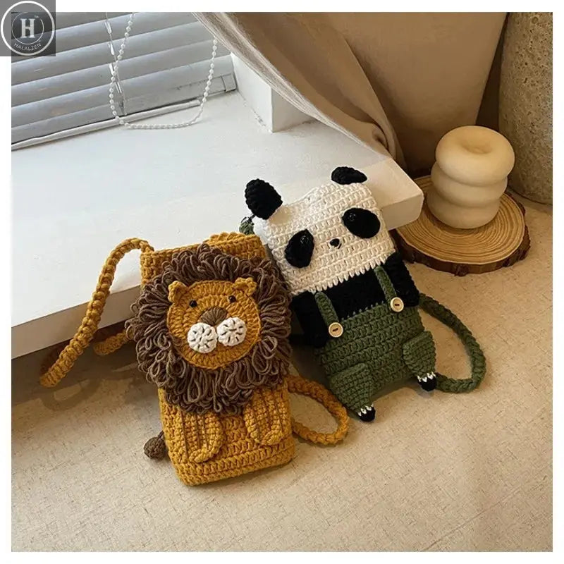 Crochet Shoulder Bag Creative Mobile Phone Bag Lion Knitted Handbag Adorable Cartoon Wool Knitting Bag For Young Women Casual HALALZEN