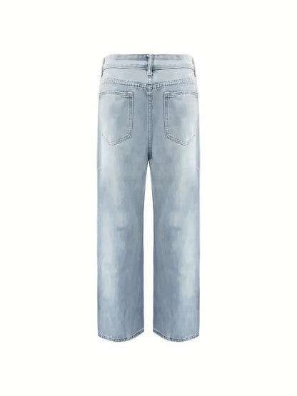Men'S Vintage Washed Blue Loose Fit Jeans - Casual Straight Leg Denim Pants with Zipper Fly, All-Season Comfort, Mid Waist, Casu