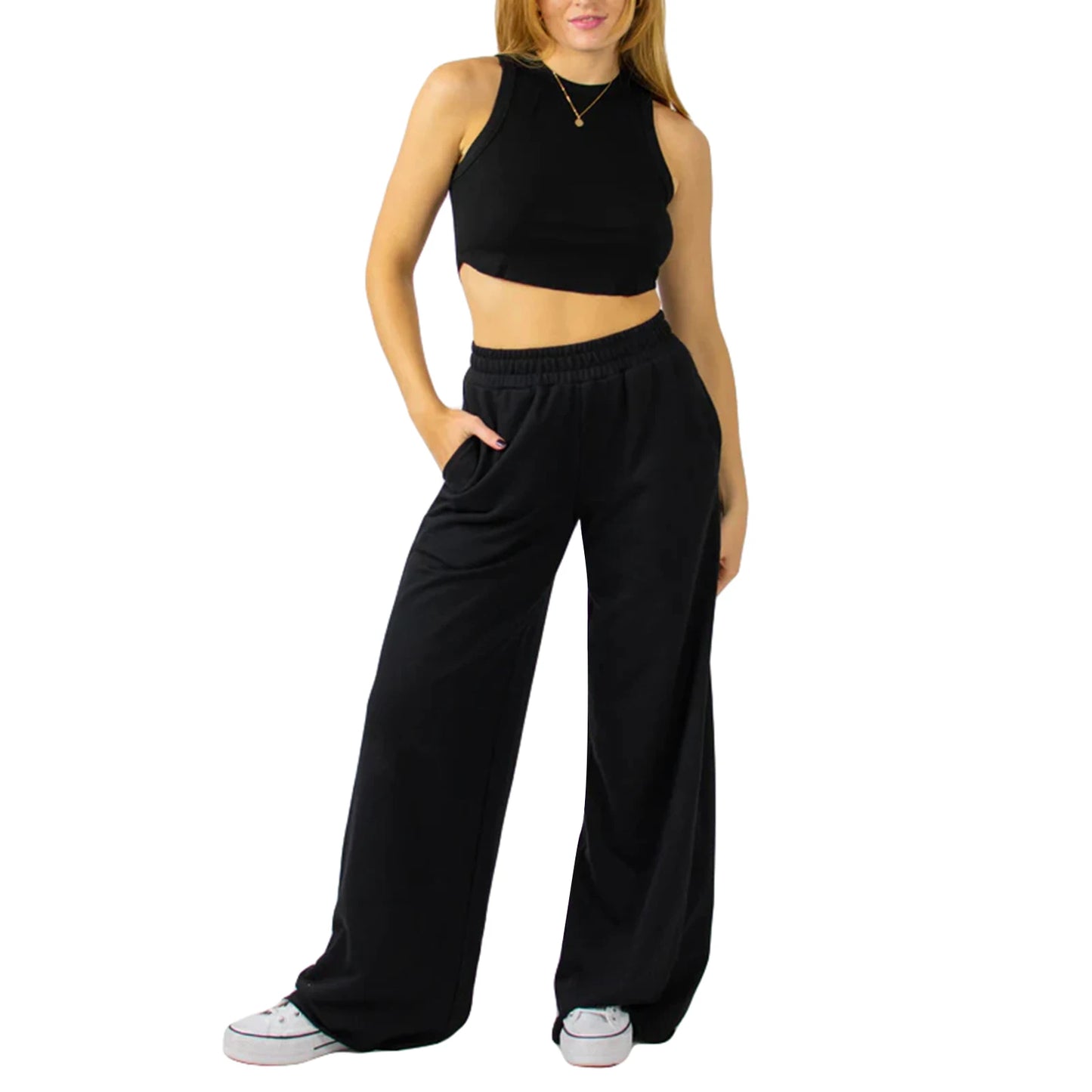Women s High Waist Wide-Leg Pants in Solid Color Elastic Waistband Loose Fit Casual Fall Sweatpants with Straight Bottoms