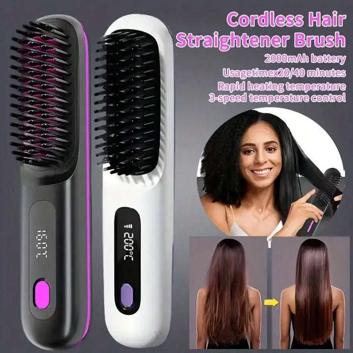 Portable Wireless Hair Straightener Comb, USB Rechargeable Straightening Brush with 3 Speed Temperature Control, Negative Ion Technology, LED Display, Lightweight Travel Hair Straightener with Comb and Clip Included