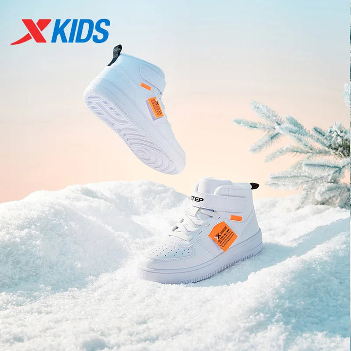 Xtep Kid's Skateboarding Shoes 2024 Winter Unisex Warm Cotton High-top Velcro Stitching Color Fashion Casual Shoes 676416379380