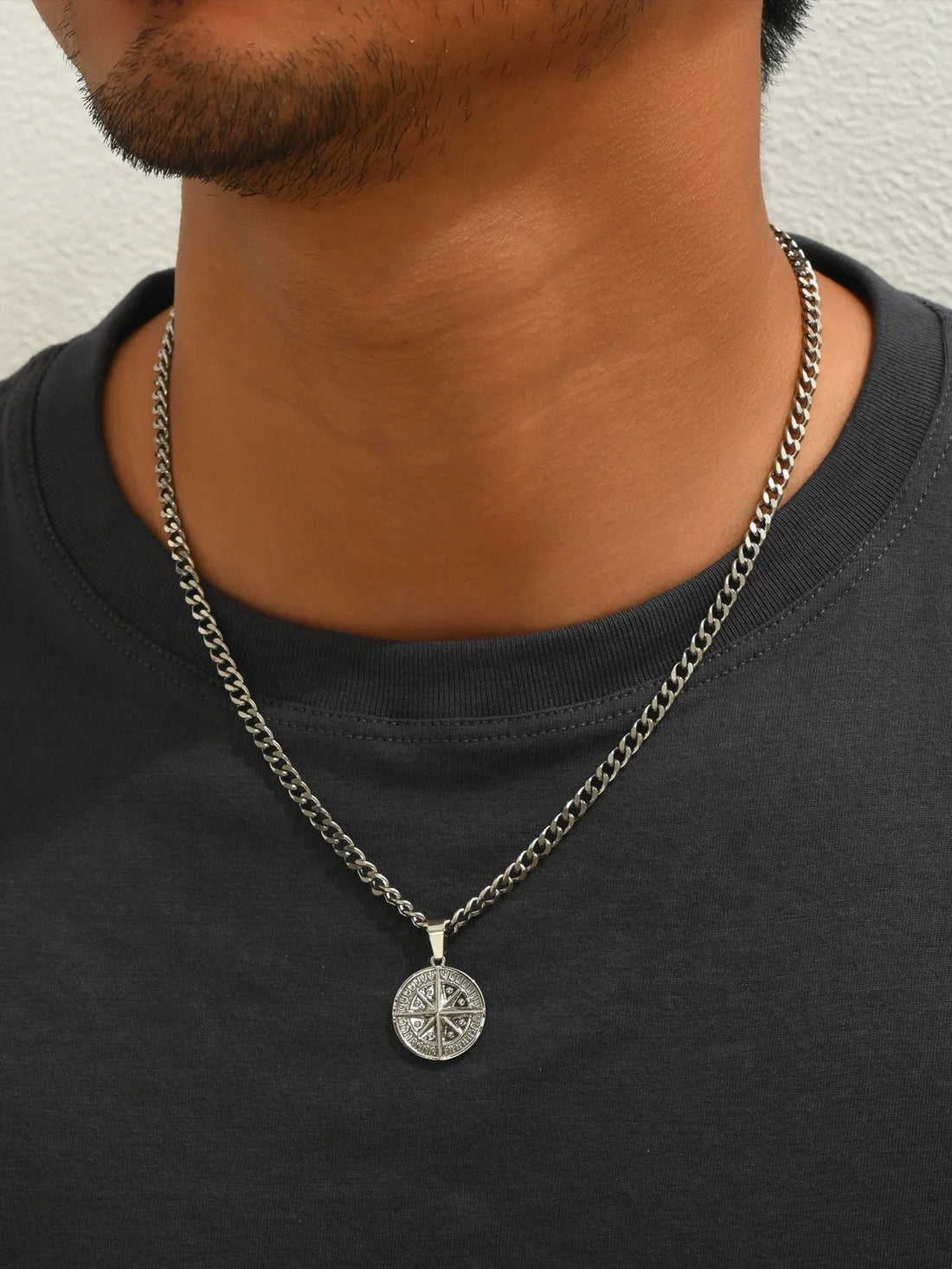 Men's Silver Punk Compass Pendant Necklace – Star Chain Jewelry