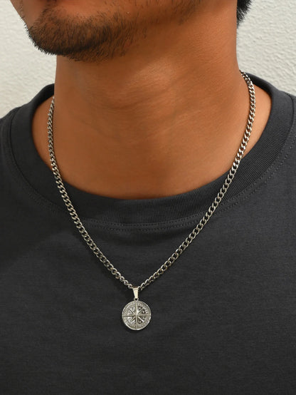 Men's Silver Color Punk Style Metal Chain Necklace Pendant Compass Shape Star Fashion Men's Necklace Jewelry