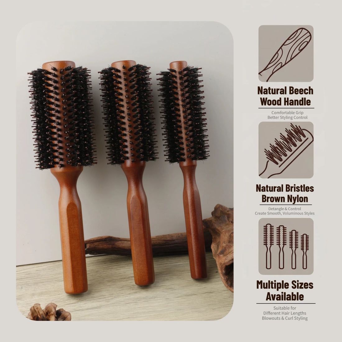 Professional 4 Sizes Boar Bristle Round Hair Brush Wooden Anti Slip Handle Salon Home Blow Dry Curling Volume Styling Brush