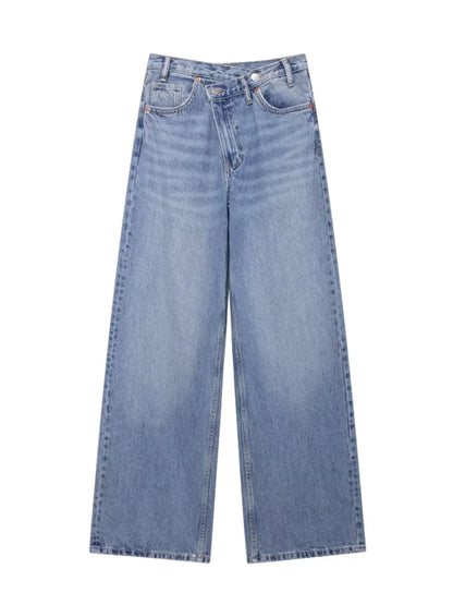 Women's Basic Hundred Jeans New Fashion Asymmetric Design High Waist Wide Leg Trousers Casual Women's Straight Leg Jeans